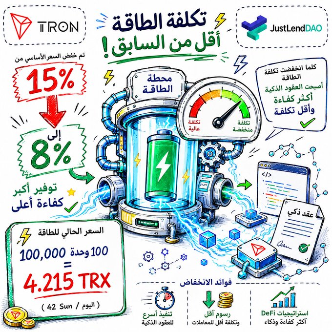 This infographic from TRON highlights how decreasing energy costs, shown by a gauge moving from high to low, leads to more efficient and less expensive smart contracts, illustrated by the "JustLendDAO" logo and a smart contract document. The image visually represents the benefits of lower energy prices, such as a reduction from 15% to 8% in basic price, making transactions faster, cheaper, and enhancing DeFi efficiency on TRON.