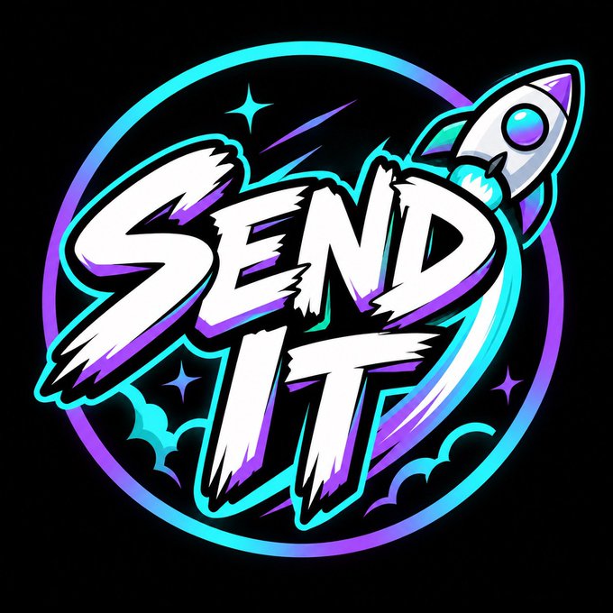 A vibrant, graffiti-style logo featuring the bold white text "$SEND IT" set against a circular purple and teal cosmic backdrop, accompanied by a launching rocket illustration that visually reinforces the accompanying post's "liftoff" and "moon mission" themes for the Solana-based $SENDIT meme token.