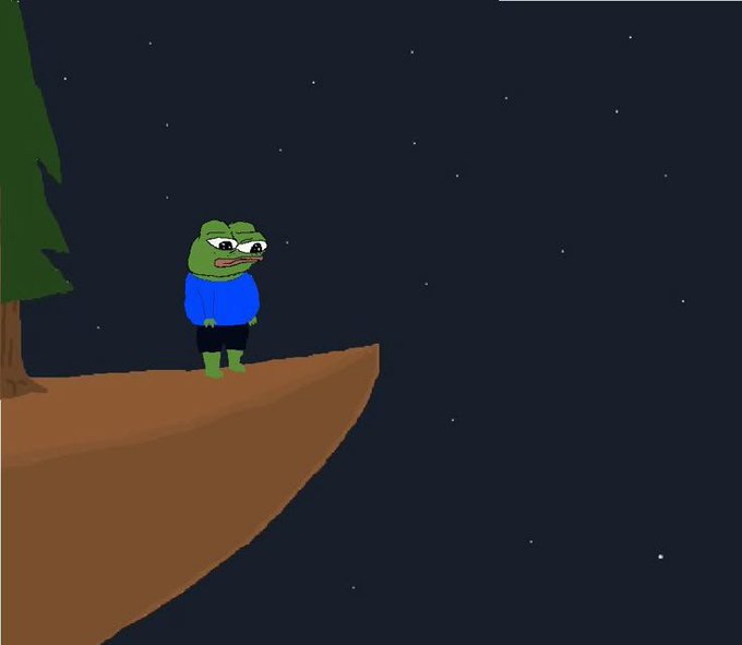 A cartoon illustration shows a sad Pepe the Frog character in a blue hoodie standing on a cliff edge at night with stars in the background.
