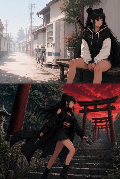 Two anime-style illustrations of a dark-haired female character in gothic/streetwear fashion; the top image shows her sitting on a bench on a Japanese street, while the bottom shows her standing on stone steps holding a sword beneath a torii gate under a blood-red sky.