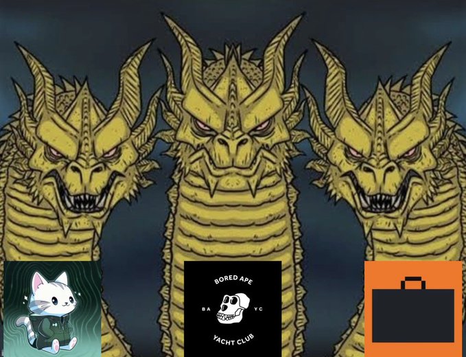 A digital illustration of three golden dragon heads with red eyes, with overlays at the bottom showing a white cat character, a Bored Ape Yacht Club skull logo, and an orange icon.