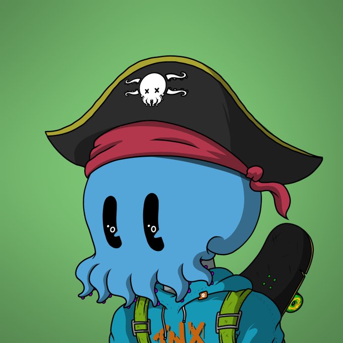 A cartoon illustration of a blue octopus character wearing a pirate hat with a skull emblem and a teal hoodie, set against a green background.
