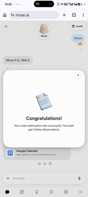 A smartphone screenshot displays a chat interface with 'Muse' on muse.ai, showing a 'Congratulations!' popup message stating 'Your code redemption was successful. You both got 1 billion Muse tokens.'