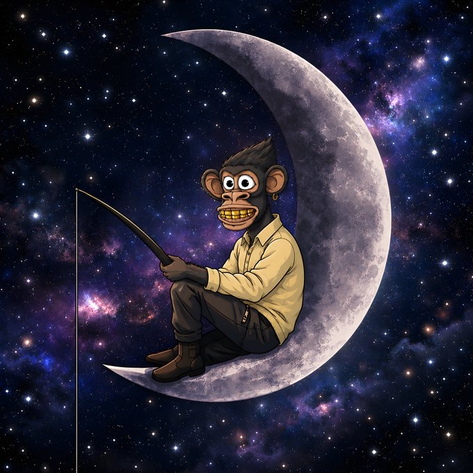 A digital illustration of a cartoon monkey with gold teeth, wearing a shirt, sitting on a crescent moon while fishing against a starry galaxy background.