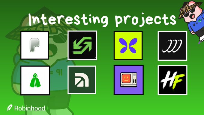 A graphic titled 'Interesting projects' displaying various crypto and tech logos with the Robinhood logo in the corner.