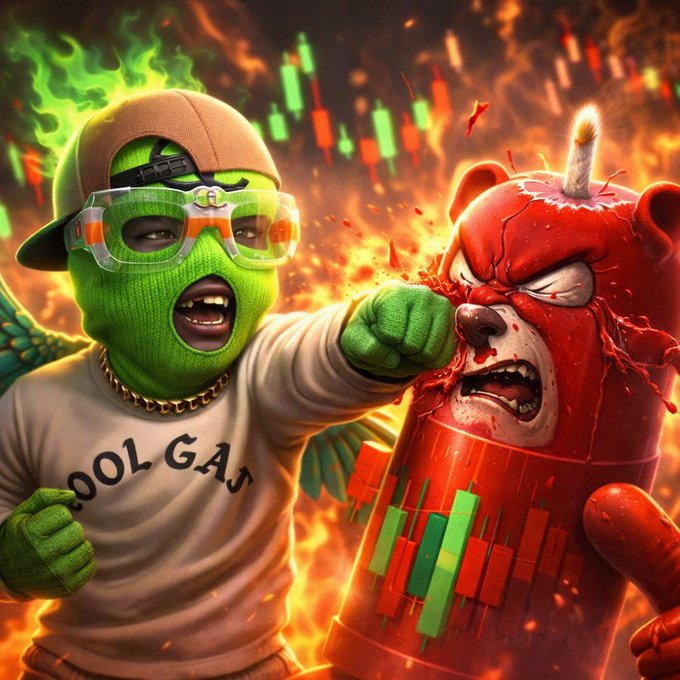An AI-generated cartoon image depicting a green-skinned character in a 'COOL GUY' shirt punching a red bear-like figure, with stock market candlestick charts and flames in the background.