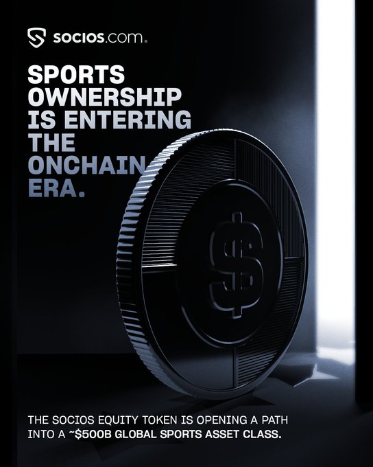 A promotional advertisement for Socios.com declaring 'SPORTS OWNERSHIP IS ENTERING THE ONCHAIN ERA,' featuring a large black coin with a dollar sign and text about the Socios Equity Token opening a path into a $500B global sports asset class.