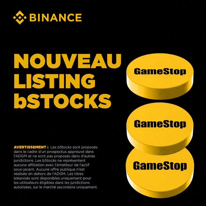 A Binance promotional graphic announces the new listing of bStocks, featuring three stacked yellow coins labeled "GameStop" against a black background, highlighting the 24/7 availability of GMEB/USDT trading with instant 1:1 exchange access to real GameStop stocks.