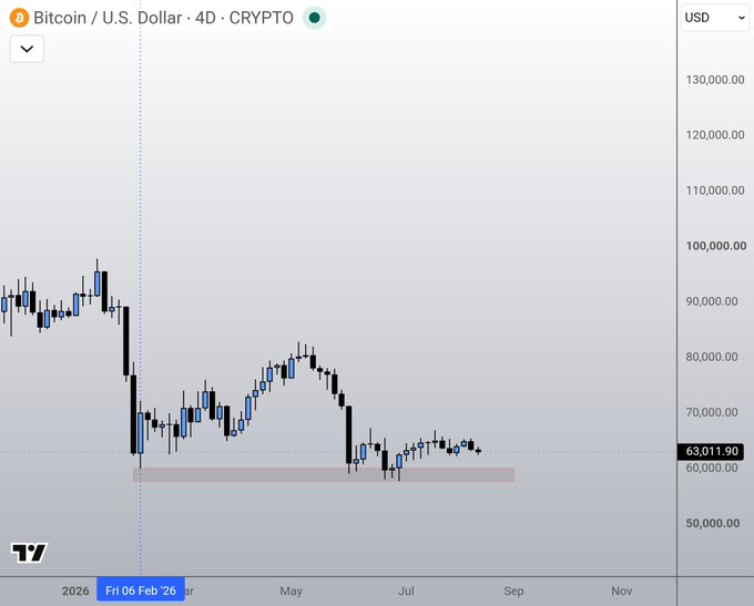 A Bitcoin/USD 4-day candlestick chart shows BTC trading around $63,011.90, with a highlighted support zone near $60,000 (marked by a pink rectangle) that aligns with the local bottom put in over 6 months ago, after which price has held steady despite brief wicks.