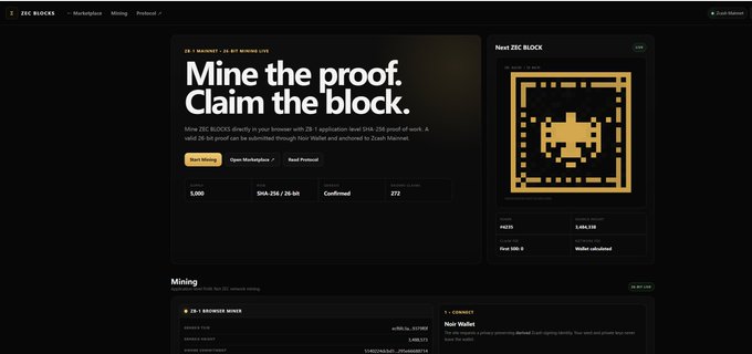 The image shows the ZEC BLOCKS website homepage, featuring the tagline "Mine the proof. Claim the block." along with mining statistics including a block height of 5,000, hash rate of SHA-256 of 20 GH/s, 272 confirmations, and a recent block prize of 14025 won by miner CHANCE. A pixelated yellow alien/invader graphic appears in the "Next ZEC BLOCK" preview panel, and the site displays a mining entry (Bronze Miner) at the bottom, connecting to the referenced mining portal at mine.zecblocks.xyz.