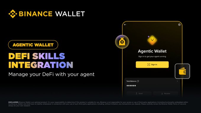 The image promotes "Binance Wallet" with a focus on its "Agentic Wallet" feature, highlighting "DeFi Skills Integration" and the tagline "Manage your DeFi with your agent," alongside a mobile app mockup showing an Agentic Wallet sign-in screen and a disclaimer about it being an optional product. This visually supports the post's announcement that DeFi Skills & CLI are now available on Binance Agentic Wallet, enabling users to let their agent manage on-chain DeFi tasks like querying protocol data, monitoring holdings, and handling liquidity operations.