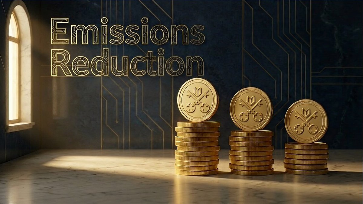 The image features a stack of gold coins, with three piles stacked atop one another. The text "Emissions Reduction" is written above the stacks of coins, indicating that they are related to environmental issues or climate change. The phrase "Days away from 5M → 4M. Weeks away from 4M → 3M. Steps away from net deflation." suggests a countdown to reaching a specific goal or milestone in reducing emissions.