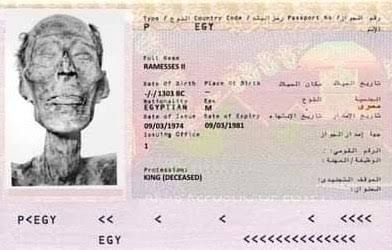 A close-up of an Egyptian passport page showing the bearer's photo and details, including the name 'RAMCESS' and profession 'KIMG (DECEASED)'.