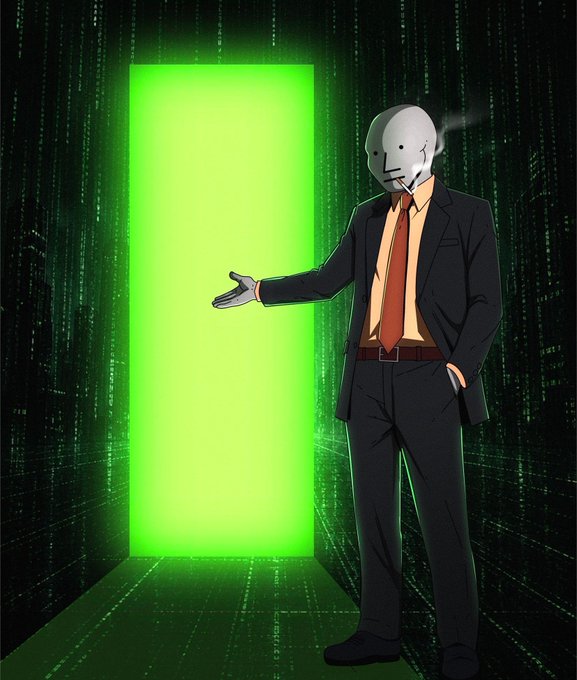 The image features a man dressed in a suit, standing next to an open green door with a neon sign above it that reads "NPC Cry later if we go up to moon". The man appears to be wearing a tie as well.
