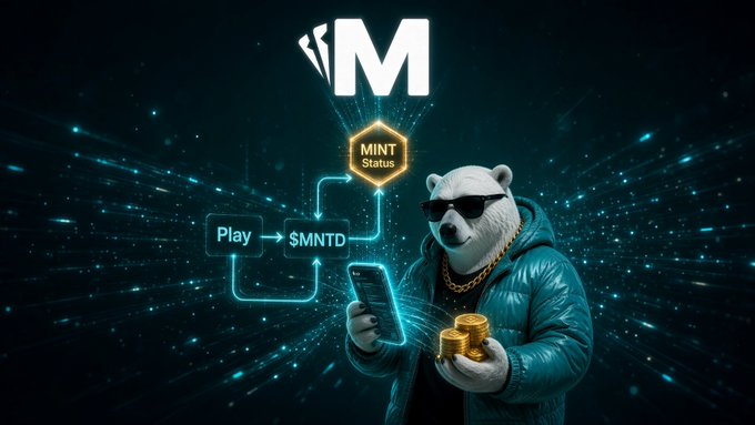 A stylized polar bear wearing sunglasses and a puffer jacket holds a phone and gold coins, with glowing circuitry and a flowchart displaying "M," "MINT Status," "Play → $MNTD" floating beside it.

The image visually reinforces the post's advice by illustrating the $MNTD token ecosystem—showing a cool, confident bear mascot connected to the Play-to-Mint process—symbolizing how engaging with @PlayOnMint and creating genuine content, rather than simply posting more, is the strategic path to climbing the MINT Contribution Leaderboard.