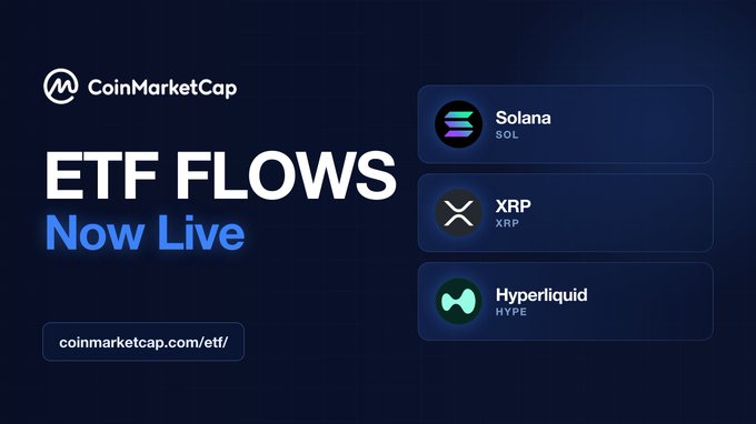 CoinMarketCap announces that its ETF Flows dashboard is now live, displaying tracked assets including Solana (SOL), XRP, and Hyperliquid (HYPE) at coinmarketcap.com/etf/. The image visually supports the post's announcement about expanding ETF tracking beyond just Bitcoin and Ethereum to include these additional cryptocurrencies.