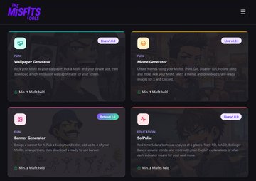 A dark-themed website interface for "THE MISFITS TOOLS" displaying four AI-powered utility cards: Wallpaper Generator, Meme Generator, Banner Generator, and SubPoke, each marked "Beta v1.0."