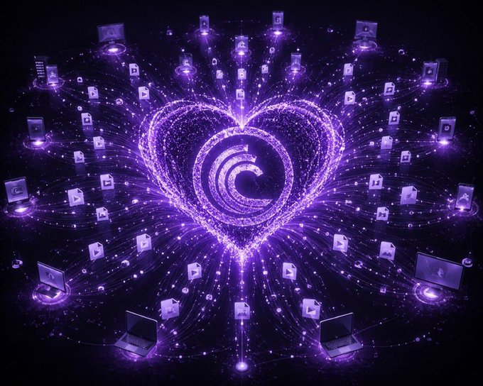 A vibrant purple digital artwork featuring a glowing heart made of particles, with a copyright symbol at its center, surrounded by floating laptop and lock icons connected by light beams.
