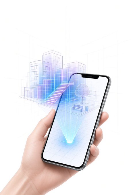 A hand holding a smartphone displaying an AR projection of an isometric cityscape with buildings, stairs, and a tree emerging from the screen in blue wireframe.