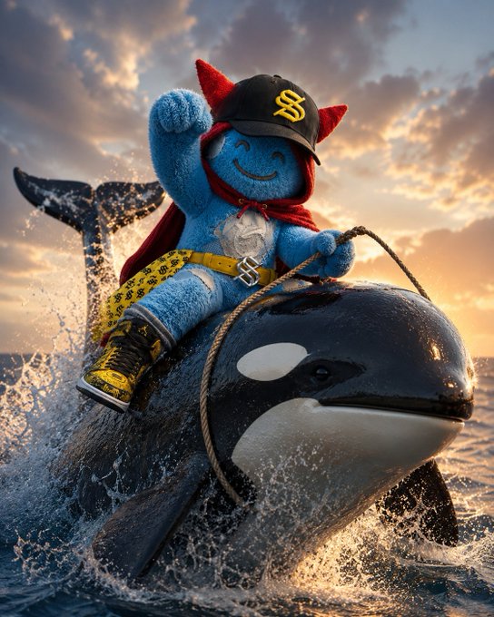 A whimsical 3D-rendered image of a small blue plush character wearing a red devil-horned 'S' cap, red cape, and yellow boots, riding atop a breaching orca whale at sunset.