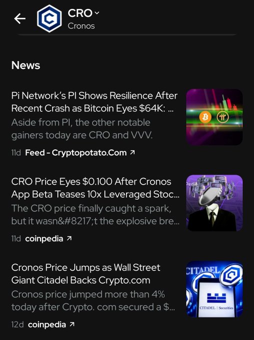 Cryptocurrency news feed for Cronos ($CRO), featuring headlines about Pi Network resilience, CRO price targets, and Citadel backing Crypto.com.