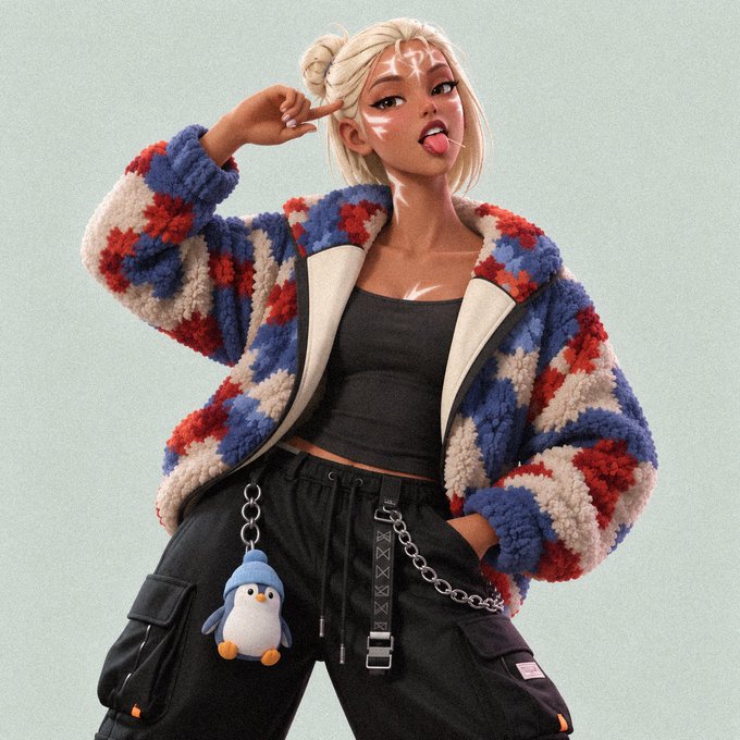 A 3D-rendered blonde character wearing a red, white, and blue fleece jacket over a black tank top and cargo pants, sticking out their tongue.