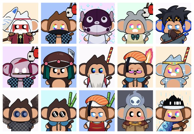A grid of 15 cartoon-style NFT profile pictures featuring various monkey and humanoid characters with colorful rainbow eyes and different accessories like hats, masks, and swords.