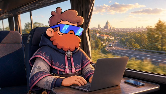 A cartoon illustration shows a bearded character in sunglasses working on a laptop inside a moving vehicle, with a city skyline visible through the window.