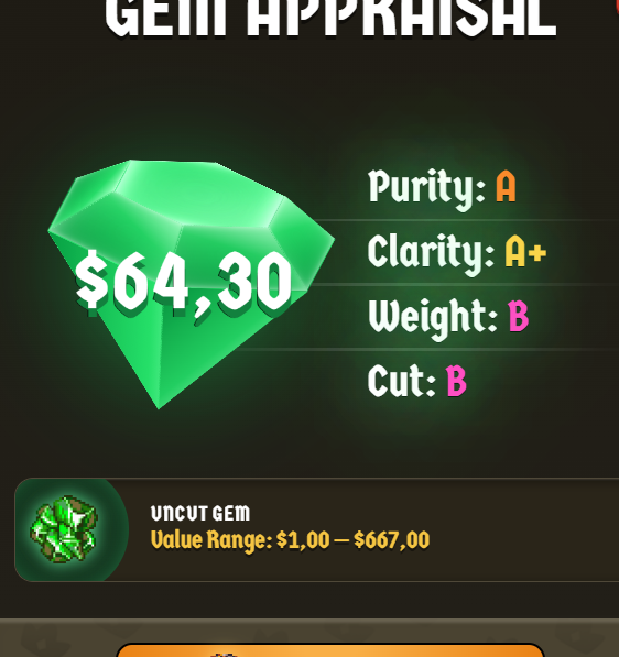 A gem appraisal screen displaying a green emerald valued at $64.30 with grades of Purity A, Clarity A+, Weight B, and Cut B, showing an uncut gem with a value range of $1.00 - $667.00.