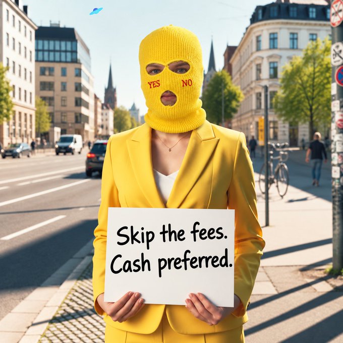 A woman in a yellow suit and yellow balaclava with 'YES' and 'NO' over the eyes, holding a sign that reads 'Skip the fees. Cash preferred.'