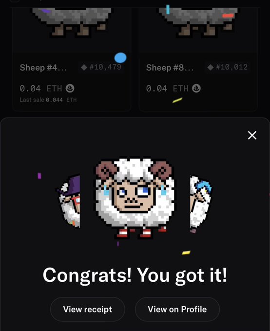 A user celebrates purchasing a pixelated sheep NFT for 0.04 ETH (about $10,479) from the Wolf.game collection, with the confirmation screen displaying "Congrats! You got it!" alongside options to view the receipt or profile. The image visually reinforces their tweet about becoming an official "sheep herder" in the Wolf.game farming ecosystem.