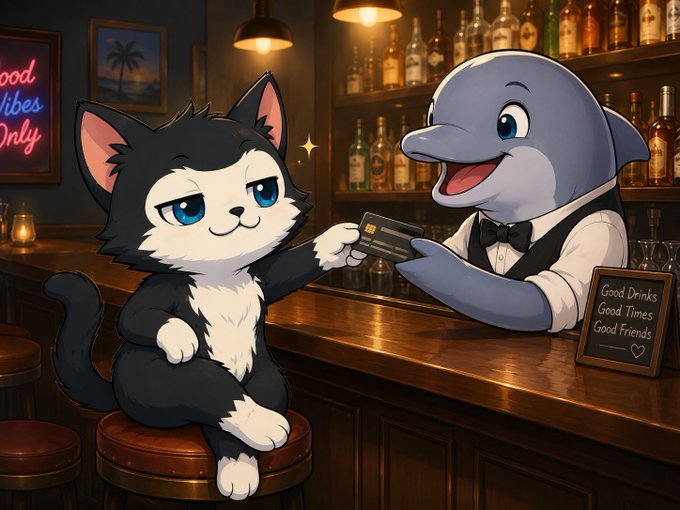 An animated illustration of a black and white cat sitting on a barstool handing a credit card to a smiling dolphin bartender wearing a bowtie, with a neon sign reading 'Good Vibes Only' and a chalkboard stating 'Good Drinks Good Times Good Friends.'