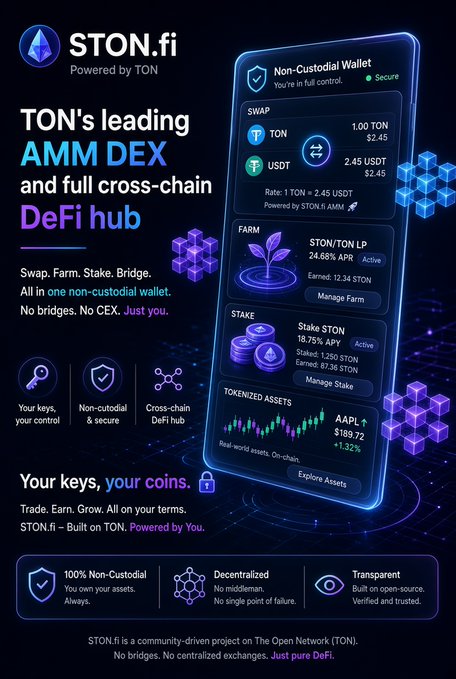 A promotional graphic for STON.fi, advertised as 'TON's leading AMM DEX and full cross-chain DeFi hub', featuring a non-custodial wallet interface with swap, farm, and stake features.