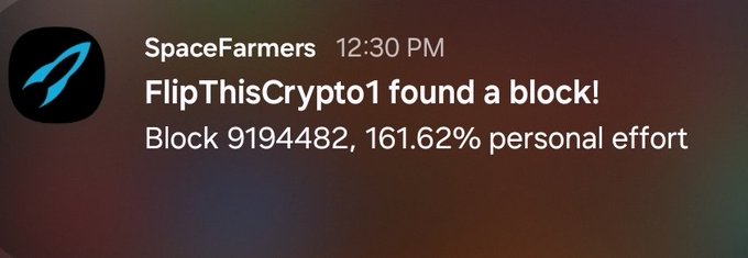 A mobile notification from SpaceFarmers stating 'FlipThisCrypto1 found a block! Block 9194482, 161.62% personal effort' at 12:30 PM.