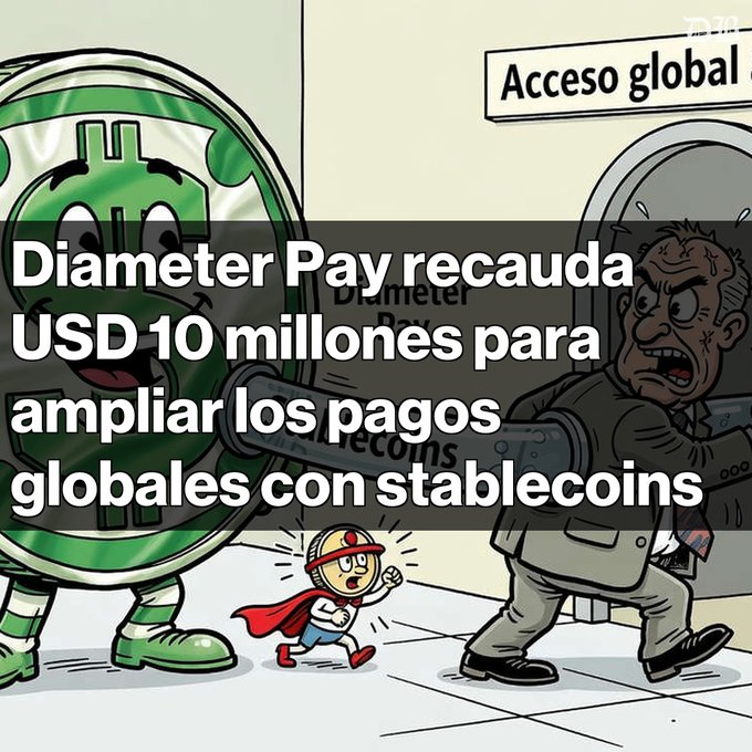 A cartoon illustration showing USDC (green coin character) helping a small hero figure fight a villain, with overlaid Spanish text reading 'Diameter Pay recauda USD 10 millones para ampliar los pagos globales con stablecoins.'
