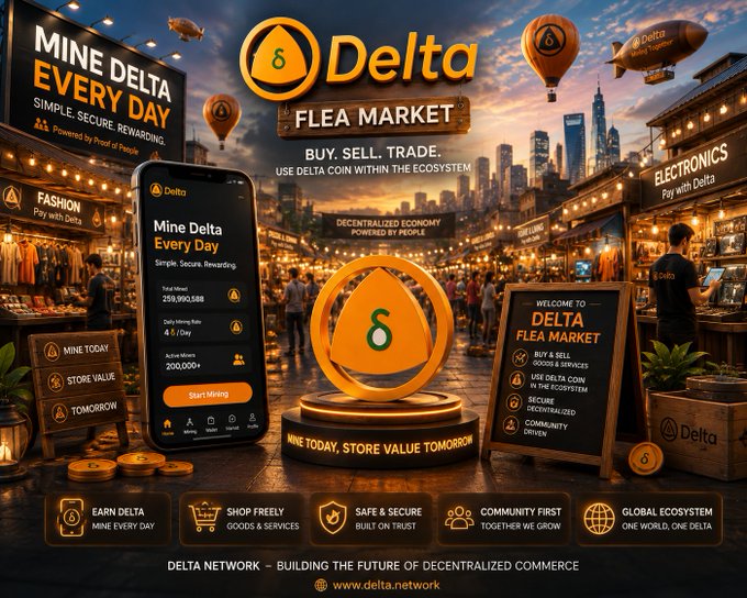 A promotional advertisement for 'Delta Flea Market' featuring a mobile app, the Delta coin token, and a bustling market scene with the tagline 'Mine Every Day' and 'Mine Today, Store Value Tomorrow'.