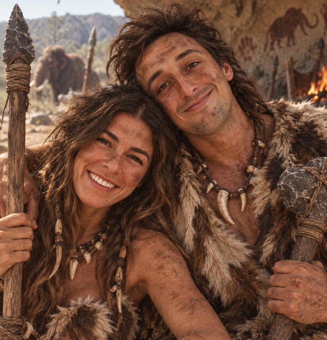A photograph of a smiling prehistoric-looking couple embracing, both wearing fur garments and bone/claw necklaces while holding stone-tipped spears, with cave paintings and mammoths visible in the background.
