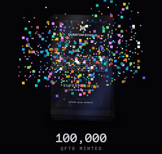 A digital/NFT minting announcement for 'Quantum Echoes - Superposition' showing '100,000 QFTS MINTED' with colorful pixel confetti effects.