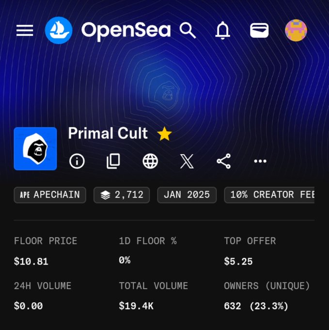 An OpenSea webpage displays NFT collection details for 'Primal Cult' on Apechain with a floor price of $10.81, 24H volume of $0.00, total volume of $19.4K, and 632 unique owners (23.3%).