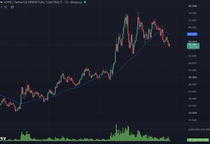A candlestick chart of HYPE/TetherUS Perpetual Contract on Binance (1D timeframe) showing price action with the current price around 58.368 and a blue moving average line, with volume bars at the bottom.