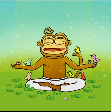 A cartoon illustration of a monkey character meditating peacefully with eyes closed, sitting cross-legged in a lotus pose surrounded by small colorful birds in a grassy field.