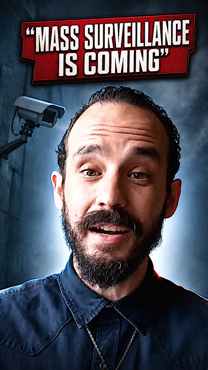 A man stares from the lower portion of the image below a red banner that states "MASS SURVEILLANCE IS COMING", visually reinforcing the accompanying post about Bull Bitcoin challenging the EU's DAC8 directive.