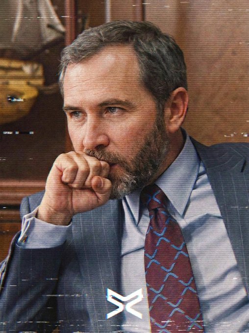 Brad Garlinghouse, CEO of Ripple, is shown in a contemplative pose wearing a suit and patterned tie, with the XRP logo at the bottom of the image, as he prepares to attend the White House Crypto Summit alongside other major crypto industry leaders.