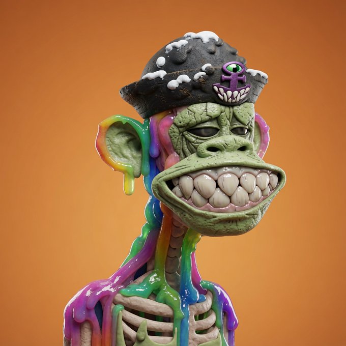 A 3D rendered, grotesque green-skinned character wearing a pirate hat with a purple skull, showing exaggerated teeth and colorful dripping fluids over a skeleton, set against an orange background.