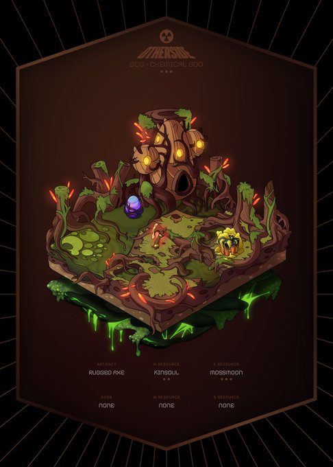 An isometric digital illustration for the video game 'Kenseul,' titled 'BOG - CHEMICAL GOD,' depicting a floating forest island with a wooden skull-shaped structure, glowing mushrooms, and labeled artifacts/resources like 'RUGGED AXE' and 'MOSIMOON.'