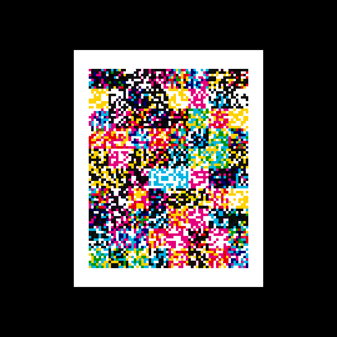A colorful abstract artwork composed of small pixelated squares in various bright colors like pink, yellow, blue, and black, framed in white against a black background.