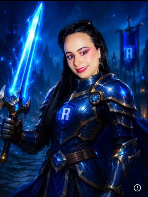 AI-generated fantasy artwork of a woman with long black hair wearing blue armor with an 'R' emblem, holding a glowing blue sword against a castle backdrop.