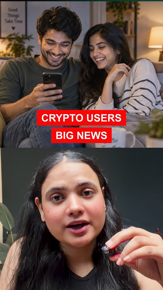 A woman speaks to camera in the lower frame while a couple smiles at a phone above, with bold red banners reading "CRYPTO USERS" and "BIG NEWS" — likely illustrating her report that the Reserve Bank of India opposes a proposed rupee-backed stablecoin.