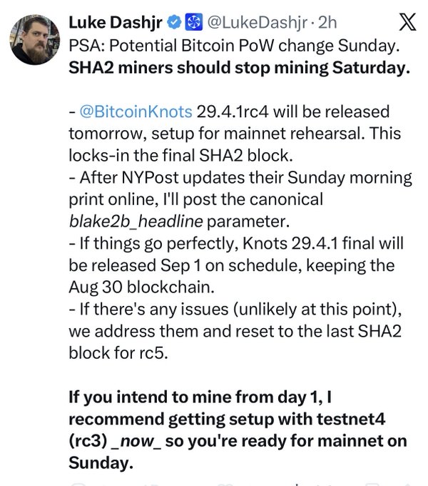 A tweet by Luke Dashjr (@LukeDashjr) warning about a potential Bitcoin proof-of-work change Sunday, advising SHA2 miners to stop mining Saturday, detailing the Bitcoin Knots 29.4.1rc4 release and mainnet rehearsal timeline, and recommending miners set up with testnet4 rc3 to prepare for mainnet. The image directly supports the accompanying post's criticism of Luke's centralized control over the Bitcoin mining protocol change, highlighting his self-set timeline, his code, and his prescribed parameter that critics argue gives him outsized authority over the network's future.