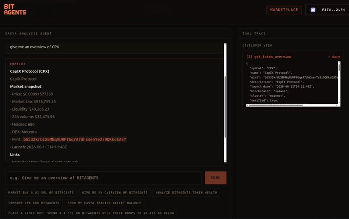 A dark-themed interface for 'BITAGENTS' showing a chat-based AI assistant called ZASTA Analysis Agent displaying token overview information for CapX Protocol (CPX) with details like market cap, liquidity, and holders.